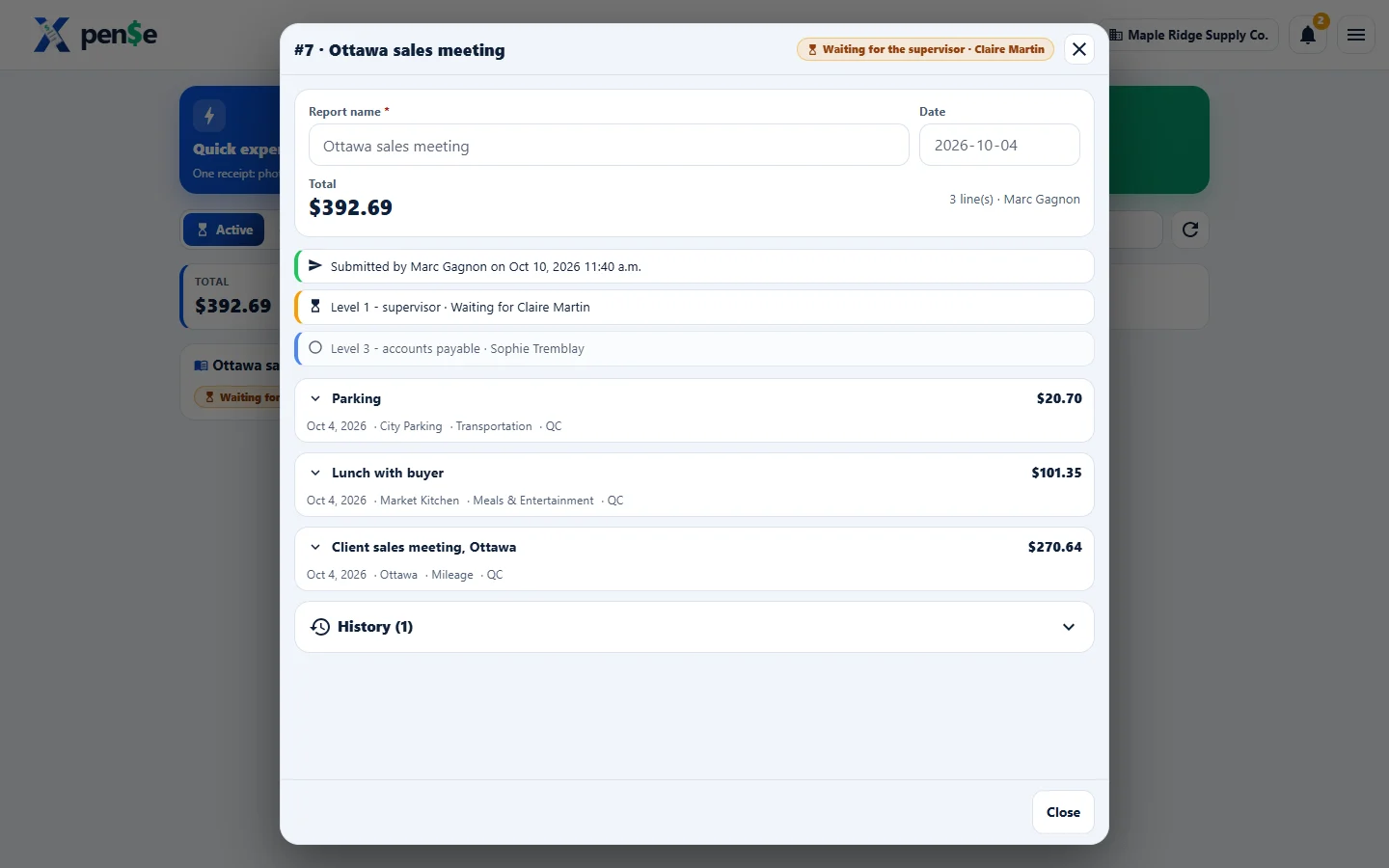 An expense report with its approval route and lines