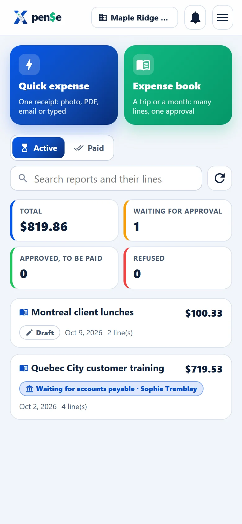Xpense on a phone: quick expense, expense book and the list of reports