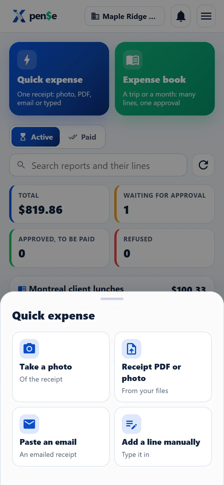 A quick expense on a phone: take a photo, a PDF, an e-mail, or type it